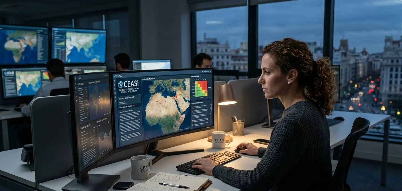 Analista de inteligencia CEASI trabajando en sala de operaciones con múltiples pantallas y mapas geopolíticos