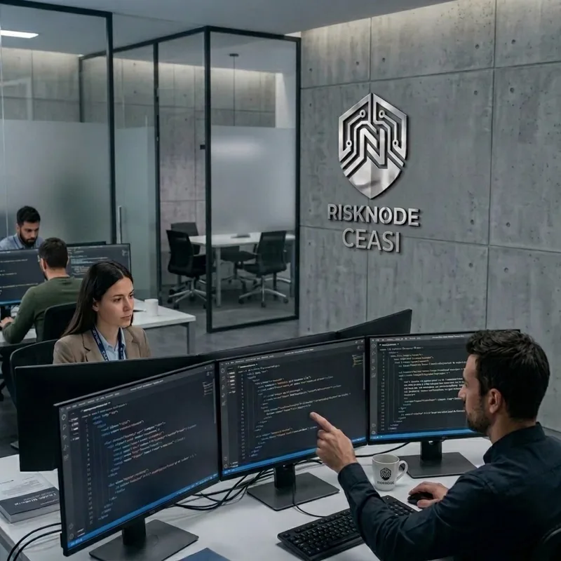 Equipo técnico del Grupo CEASI-SERVIPROTEC trabajando en múltiples monitores con código de la plataforma RiskNode, logotipo corporativo visible en la pared de la oficina tecnológica