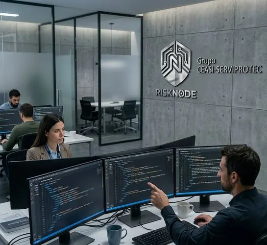 Equipo técnico del Grupo CEASI-SERVIPROTEC trabajando en múltiples monitores con código de la plataforma RiskNode, logotipo corporativo visible en la pared de la oficina tecnológica