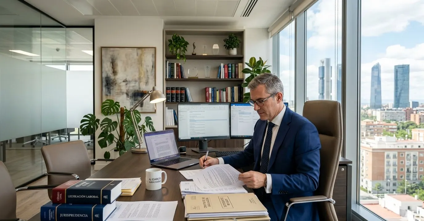 Abogado especialista en seguridad privada de CEASI revisando documentación legal —libros de Legislación Laboral, Código Civil y Jurisprudencia— en despacho profesional de Madrid con vistas al skyline de la ciudad
