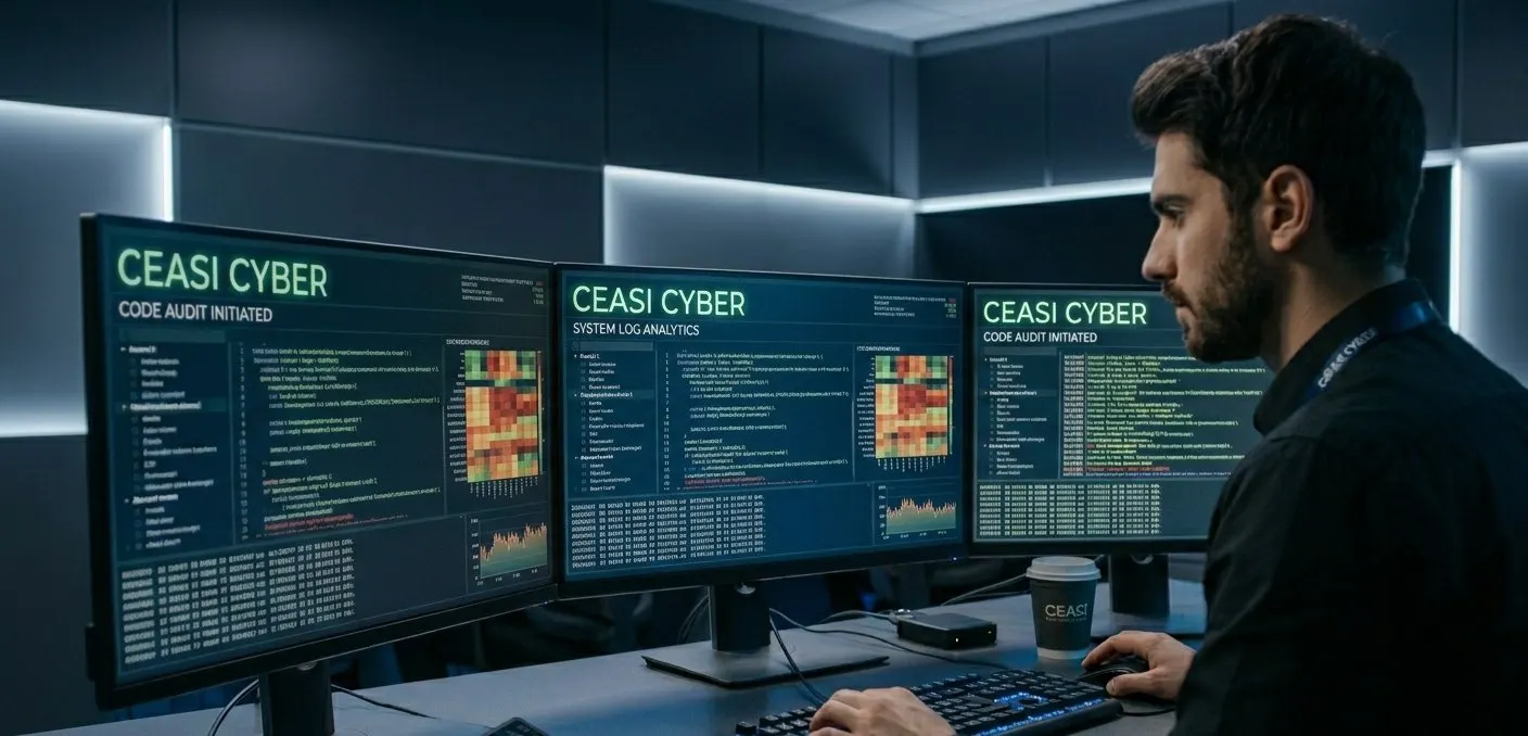 Analista de ciberseguridad CEASI monitorizando sistemas en sala de operaciones con múltiples pantallas y dashboards de seguridad digital