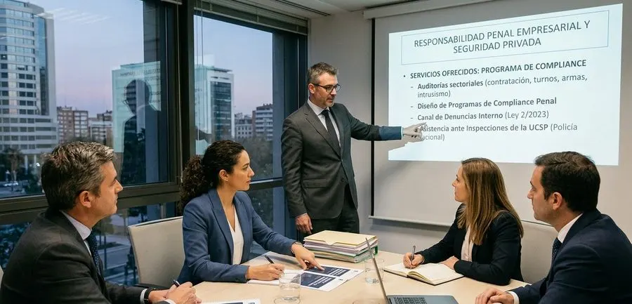 Consultor de CEASI presentando programa de compliance en seguridad privada con diapositiva sobre Responsabilidad Penal Empresarial, servicios de auditorías sectoriales, canal de denuncias Ley 2/2023 y asistencia ante inspecciones UCSP Policía Nacional