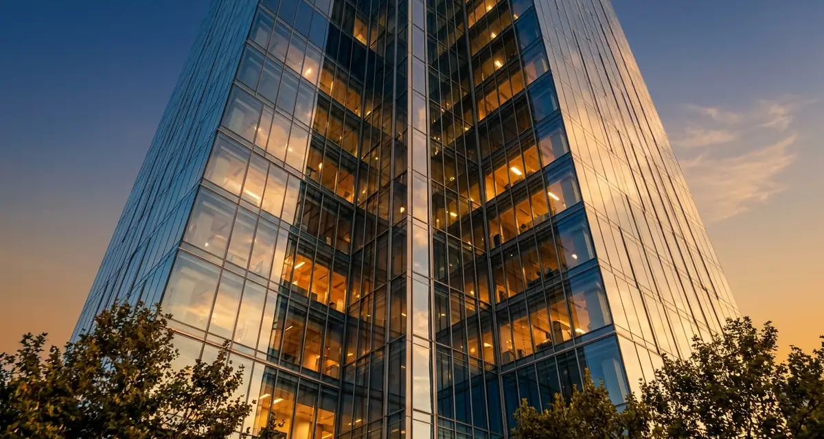Torre de oficinas de cristal al atardecer, con las plantas iluminadas por dentro y el cielo reflejado en la fachada
