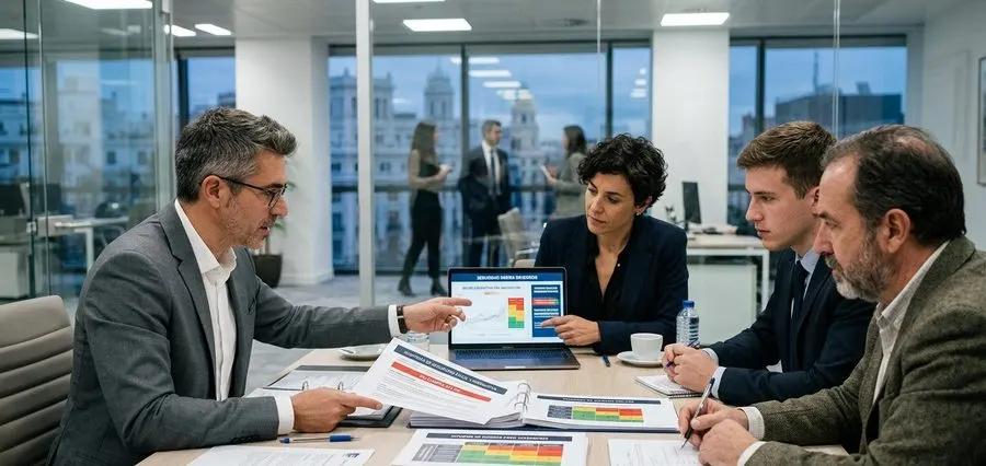 Equipo de consultores de CEASI revisando informe de due diligence de seguridad con matrices de riesgo en colores rojo naranja verde sobre la mesa, laptop con dashboard de seguridad corporativa y documentación de auditoría pre-adquisición en entorno corporativo de Madrid