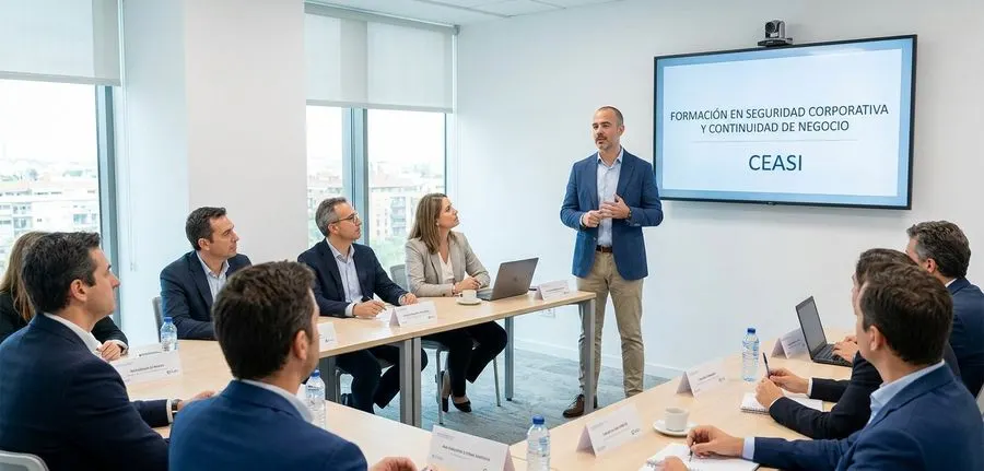Consultor de CEASI impartiendo sesión de formación en seguridad corporativa y continuidad de negocio a directivos en sala de reuniones, con pantalla corporativa CEASI visible al fondo