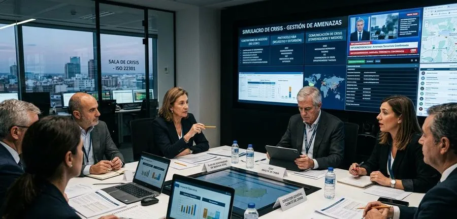 Comité de Crisis corporativo reunido en Sala de Crisis ISO 22301 con Director General y COO, pantallas mostrando simulacro de gestión de amenazas terroristas, mapa mundial de incidencias y sistema de continuidad de negocio