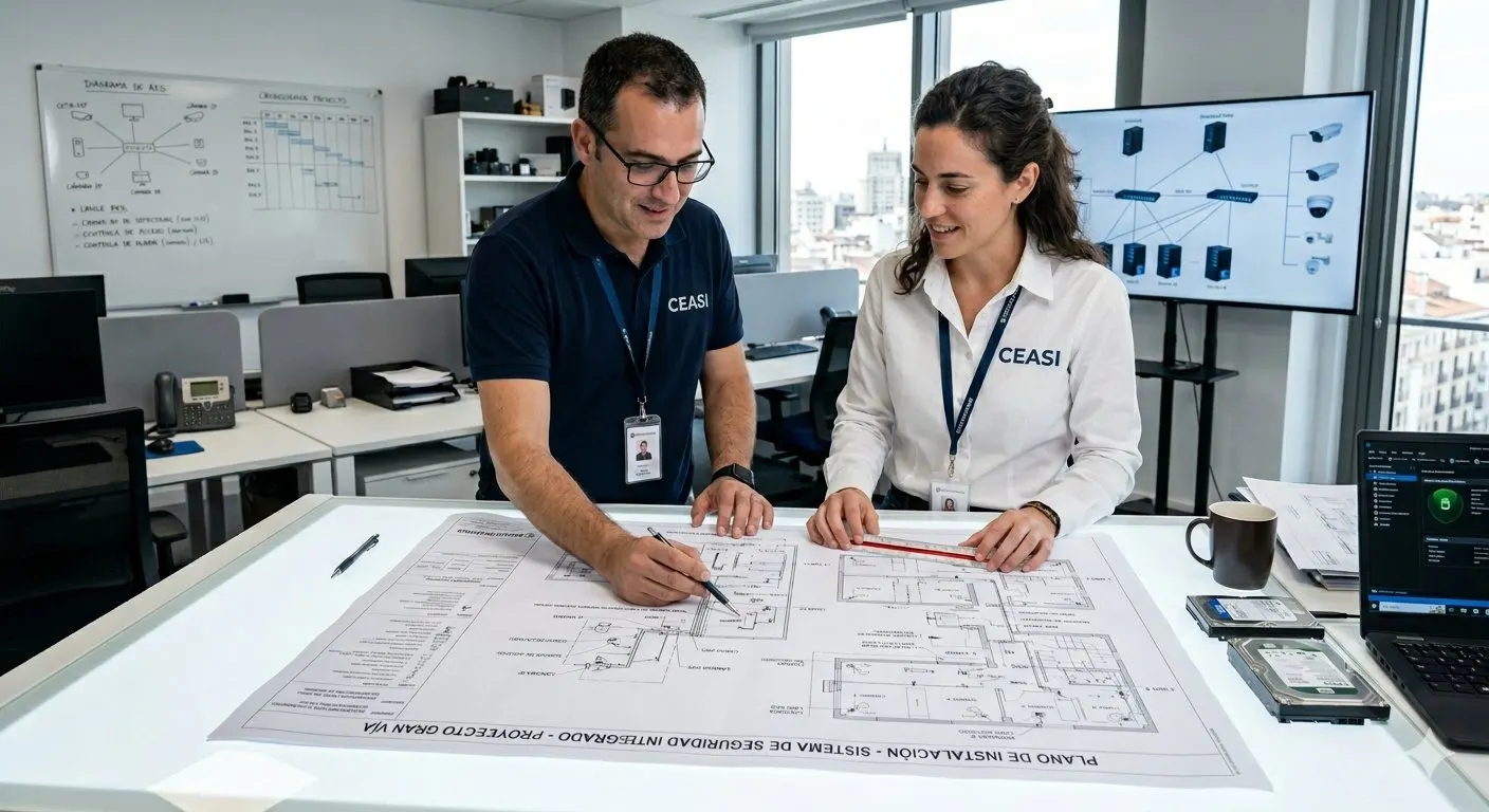 Técnicos de CEASI revisando planos de instalación de sistemas de seguridad integrados, con diagramas de red de cámaras y dispositivos en pantalla de fondo, en proyecto Gran Vía