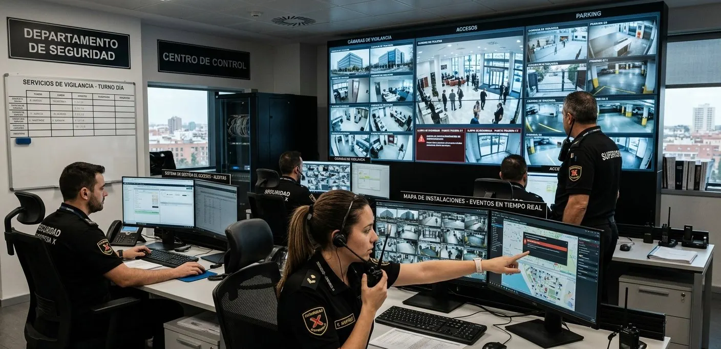 Operadores del centro de control de seguridad de CEASI monitorizando cámaras de vigilancia, sistemas de control de acceso y mapas de instalaciones en tiempo real en el Departamento de Seguridad