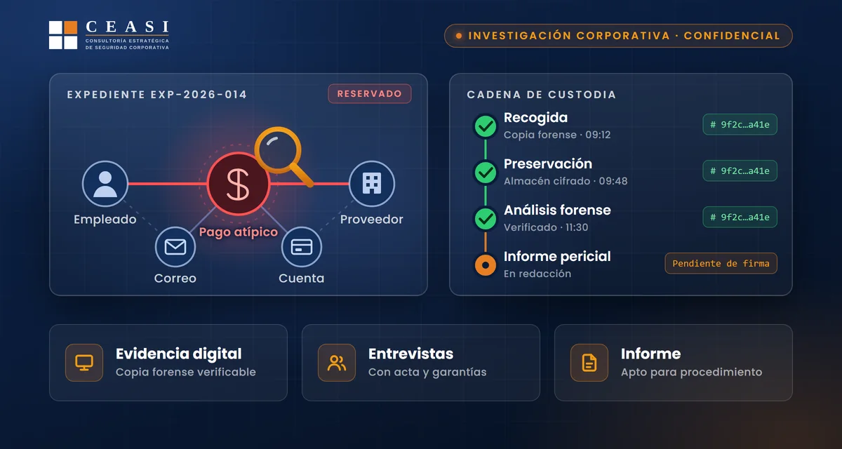 Expediente de investigación corporativa de CEASI: grafo de relaciones con un pago atípico señalado, registro de cadena de custodia de evidencias con huella hash y fases de evidencia digital, entrevistas e informe