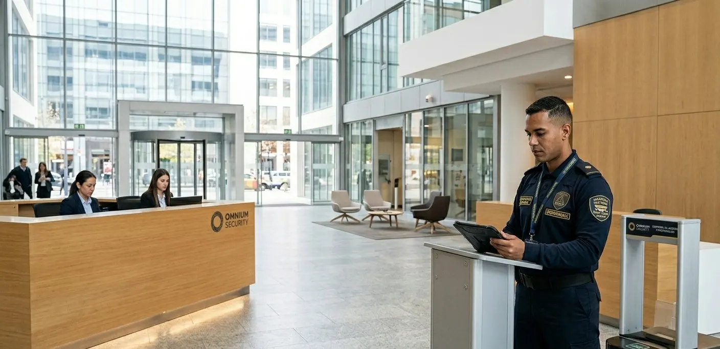 Vigilante de seguridad de CEASI en el control de acceso de una sede corporativa, consultando órdenes de puesto en tablet en el lobby de OMNIUM SECURITY