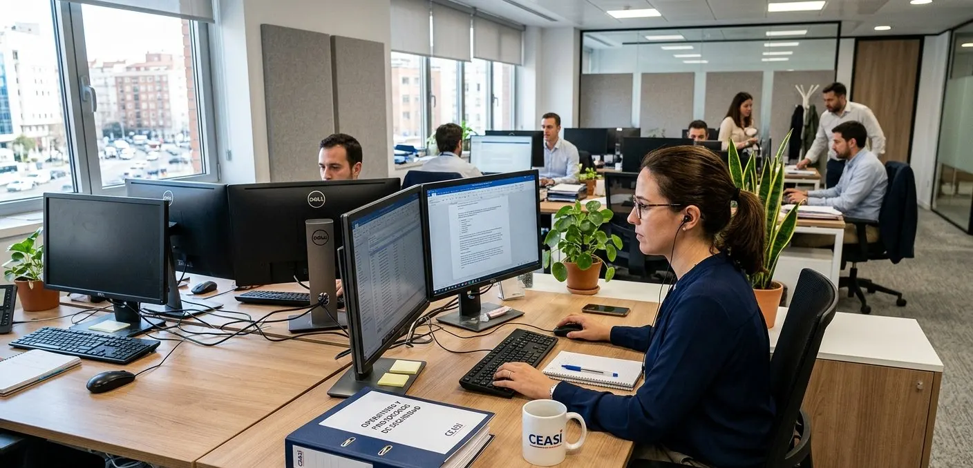 Equipo de consultores CEASI trabajando en sala de operaciones de departamento de seguridad corporativo, con múltiples monitores y documentación de protocolos de seguridad