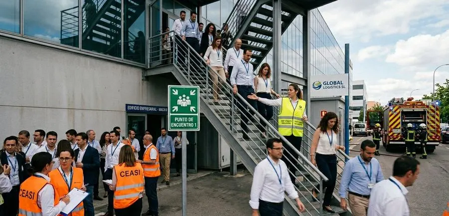 Simulacro de evacuación empresarial coordinado por técnicos de CEASI con chalecos naranjos en edificio corporativo, personal desalojando ordenadamente con camión de bomberos al fondo