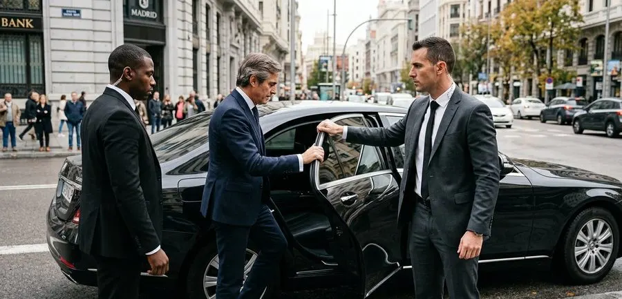 Dos escoltas profesionales de traje protegiendo a un ejecutivo mientras accede a un vehículo de alta gama en la Gran Vía de Madrid, servicio de protección VIP discreta en entorno urbano