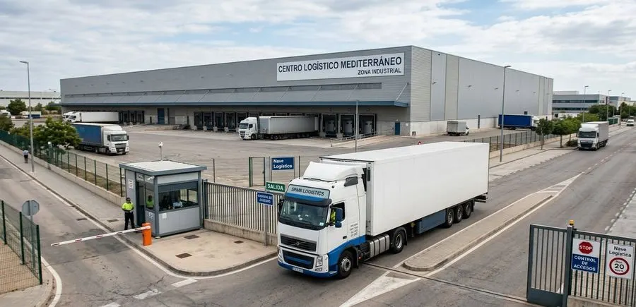 Control de accesos vehicular en Centro Logístico Mediterráneo Zona Industrial con vigilantes de seguridad, barrera de acceso, camiones en muelle de carga y señalización STOP control de accesos